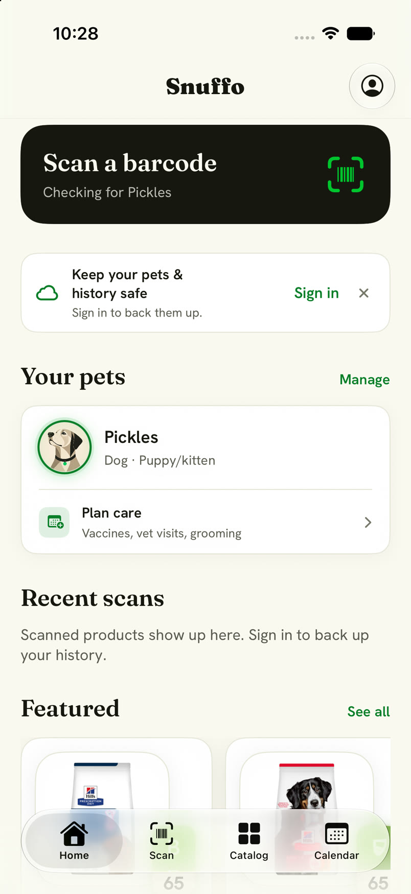 Snuffo home screen with a pet profile, barcode scanner, and product recommendations
