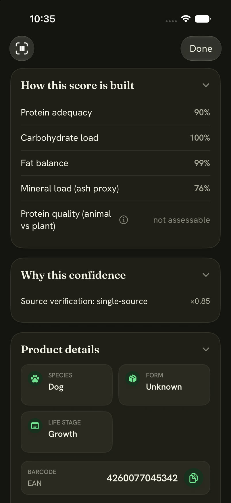 Snuffo score details with scoring levers and confidence factors